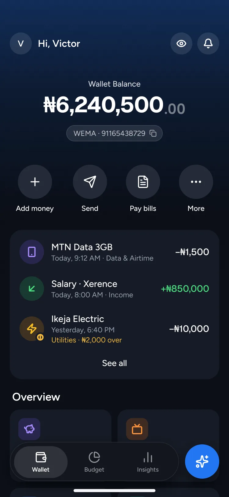 Brenda wallet home: ₦6,240,500 balance, Add money, Send, Pay bills, and recent transactions
